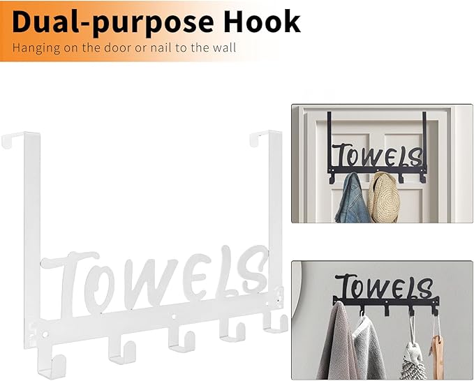 Gohiuo Over the Door Hook, Towel Holder Towel Hook for Bathroom, Towel Hanger Door Rack with 5 Coat Hooks, Over the Door Hanger Towel Rack for Bathroom, Bedroom Towels Coats(White)