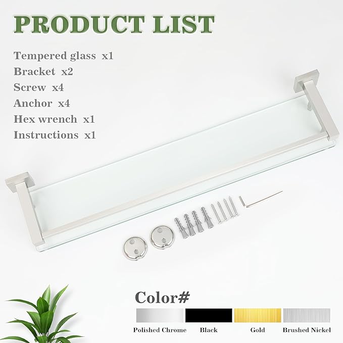 Alise Glass Bathroom Shelves Wall Mounted, 24 Inch Tempered Floating Shelves Bathroom, Stainless Steel Bathroom Glass Shelf