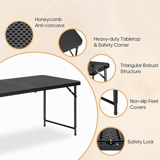 4ft Folding Table with Adjustable Height, 2-Level Foldable Table with HDPE Top & Steel Legs, Portable 4 Foot Folding Table for Picnic, Party, Craft, Indoor Outdoor Use, Black