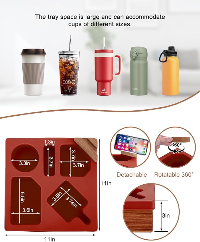 Couch Cup Holder Tray, Silicone Wooden Couch Caddy with Cup Holder for Snacks, Drinks, Remotes, Waterproof Cup Holder for Couch, Organizer, Couch Drink Holder, (red)