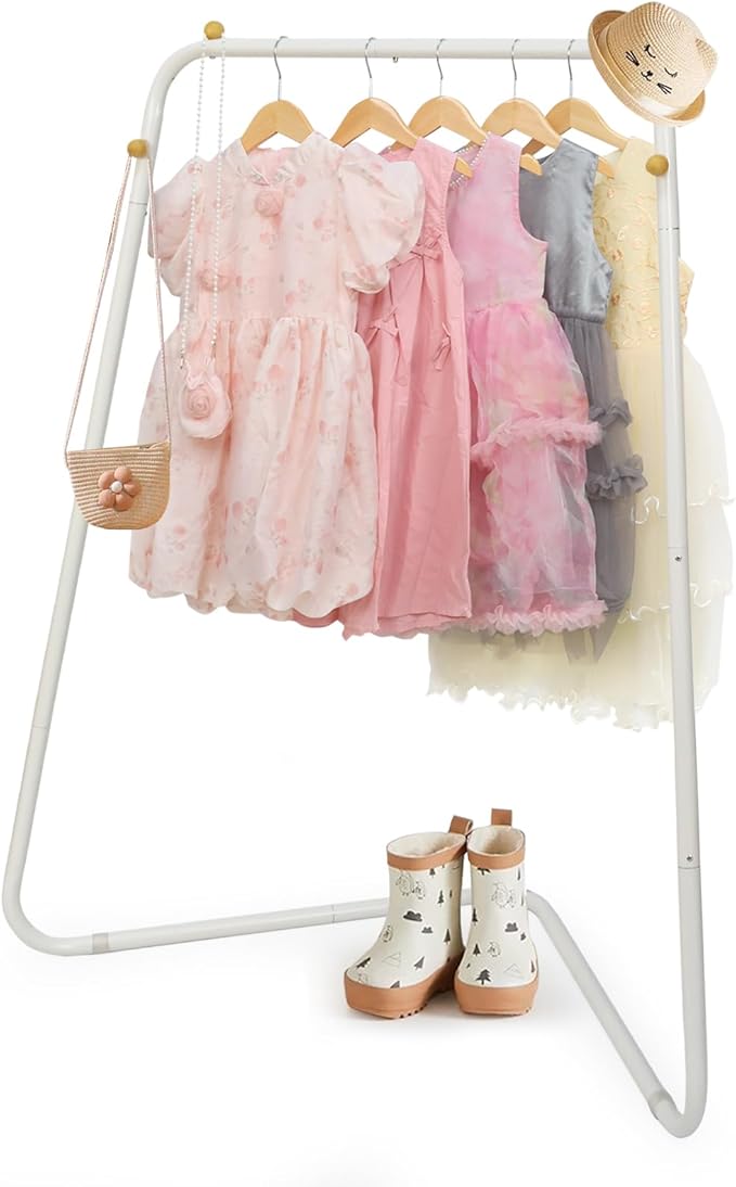 YGJT Kids Clothing Corner Rack, Dress Up Storage for Little Girls with Bottom Storage Shelf, Cute Toddler Wardrobe Cloest Garment for Hanging Coat, Dance Costume, Dresses, Clothes in Bedroom, White