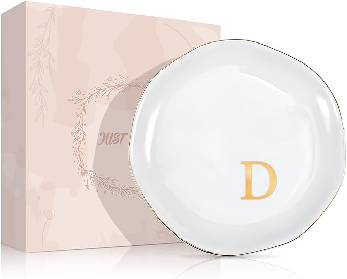 ProCase Ceramic Jewelry Tray, Initial Ring Dish Trinket Plate Engagement Gift, Small Personalized Monogram Ring Bowl for Wedding, White Decorative Jewelry Holder for Women Vanity -Letter D