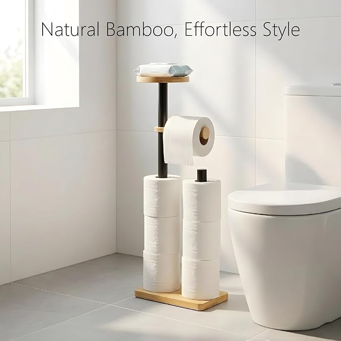 Toilet Paper Holders Free Standing, Holds up to 7 Rolls Toilet Paper Stand with Storage, Bathroom Toilet Paper Organizer with Top Shelf for Small Items, 1-Min Rotating-Lock Assembly, Light,L