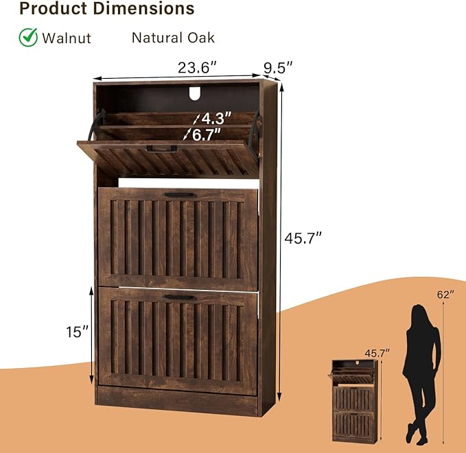 Shoe Storage Cabinet for Entryway with 3 Flip Drawers, Wooden Shoe Organizer with Adjustable Shelf, Freestanding Wood Fluted Panel Shoes Cabinet Closed Shoe Rack for Hallway, Foyer, Walnut