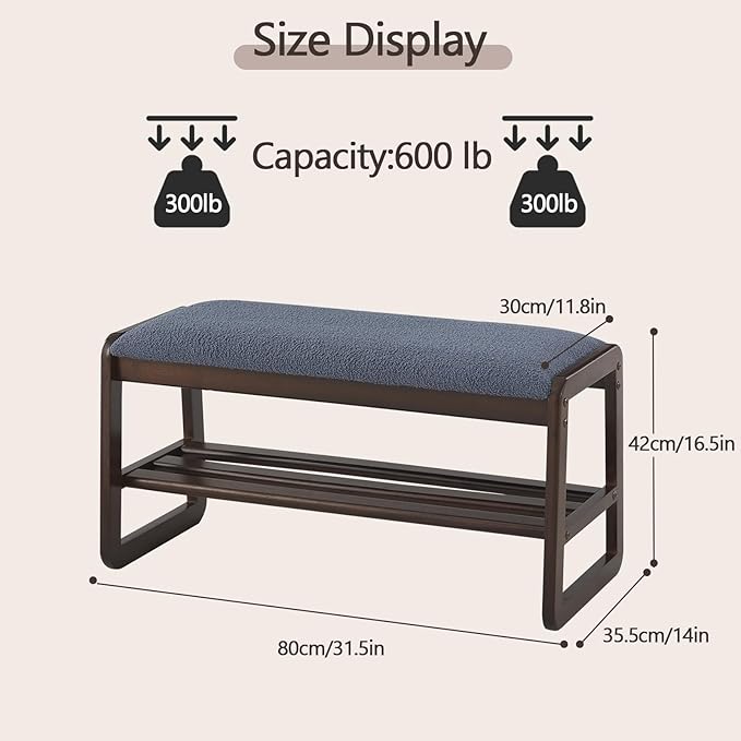 Achicsofar Shoe Rack Bench,2 Tier Solid Wooden Entryway Bench with Shoe Storage, Shoe Rack with Cushion for Living Room, Hallway(Grayish Blue, 31.5")