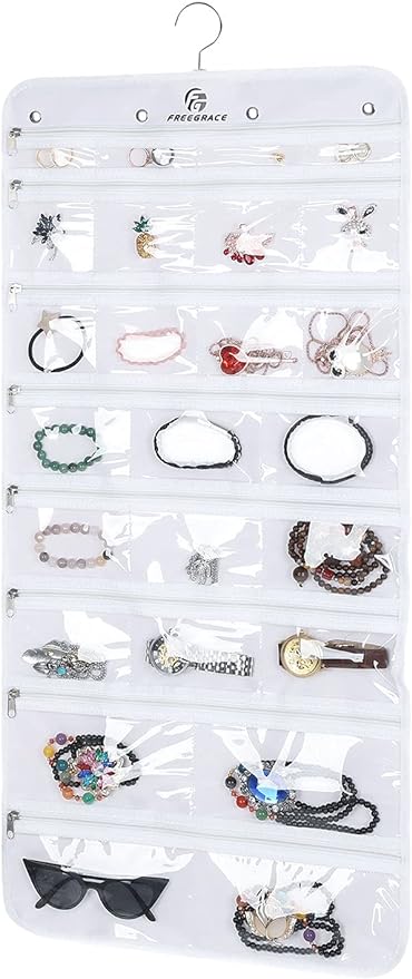 Hanging Jewelry Organizer with 50 Transparent Pockets, 360° Rotating Hanger & Secure Zipper Closure - Foldable Double Sided Jewelry Storage Bag for Earrings, Rings, Necklaces, Bracelets (White)