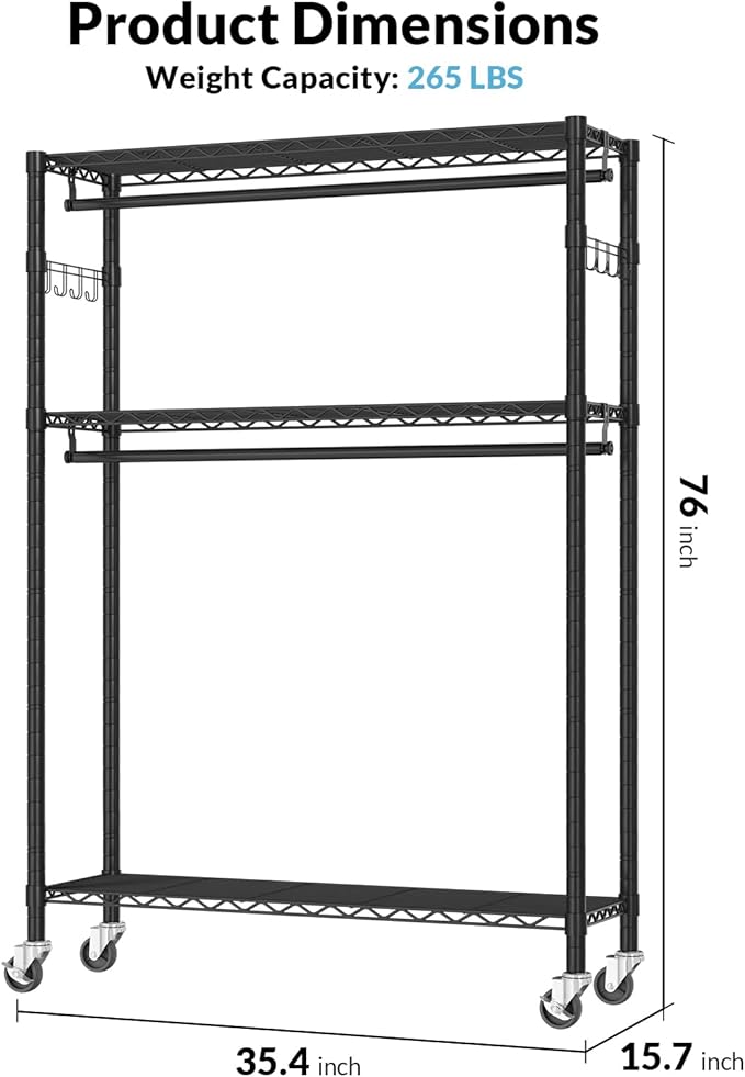Rolling Clothes Rack Heavy Duty, Free Standing Garment Rack with Wheels, Portable Closet Rack, Closet Organizer System with 35.4" W x 15.7" D x 76" H, Max Load 500Lbs (Black)
