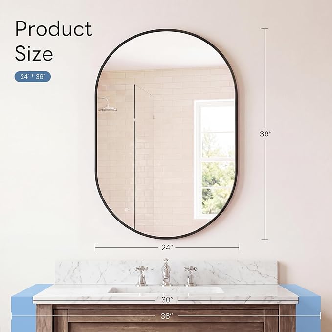 Sweetcrispy 24" x 36" Black Bathroom Mirror for Wall, Oval Wall Mirror with Metal Frame, Tempered Glass, Modern Vanity Mirror for Over Sink, Living Room, Bedroom, Entryway, Horizontal or Vertical