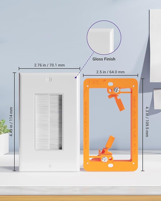 VCE Brush Wall Plate with Low Voltage Box, Decorator Wall Cover with Low Voltage Mounting Bracket for Wall-Mount TV, Black, 3-Pack (White+Orange)