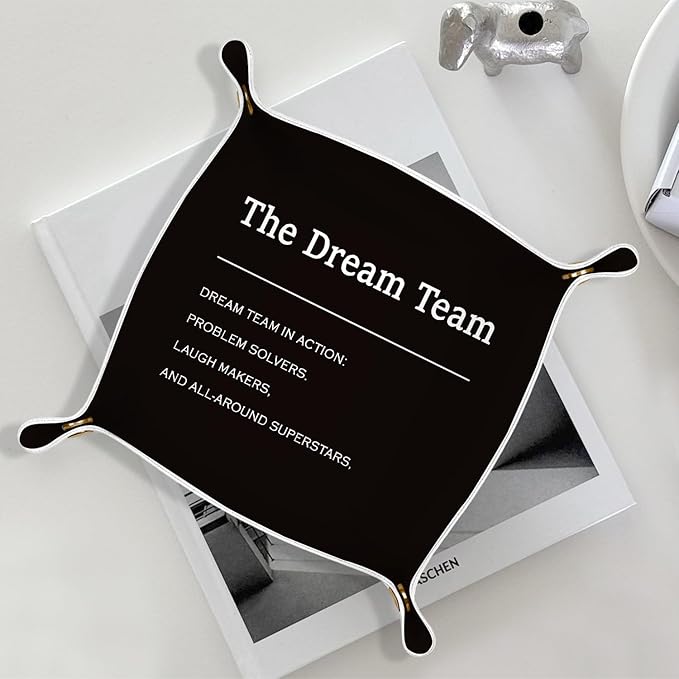 Employee Appreciation Gifts,Dream Team Gifts Valet Jewelry Tray for Coworkers Employees PU Leather Catchall Beside Caddy Nightstand Organizer Tray for Jewelry Rings Watches, 7.87x7.87in