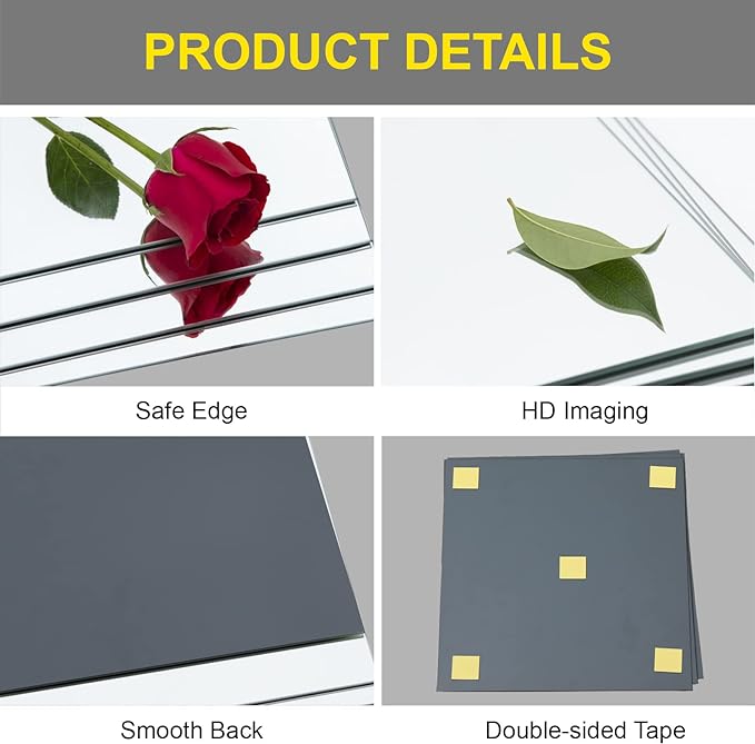 Ruomeng Full Length Mirror Tiles - 14" x 12" x 4Pcs Gym Mirror Frameless Wall Mirror for Home Gym, Door, Bedroom, Living Room