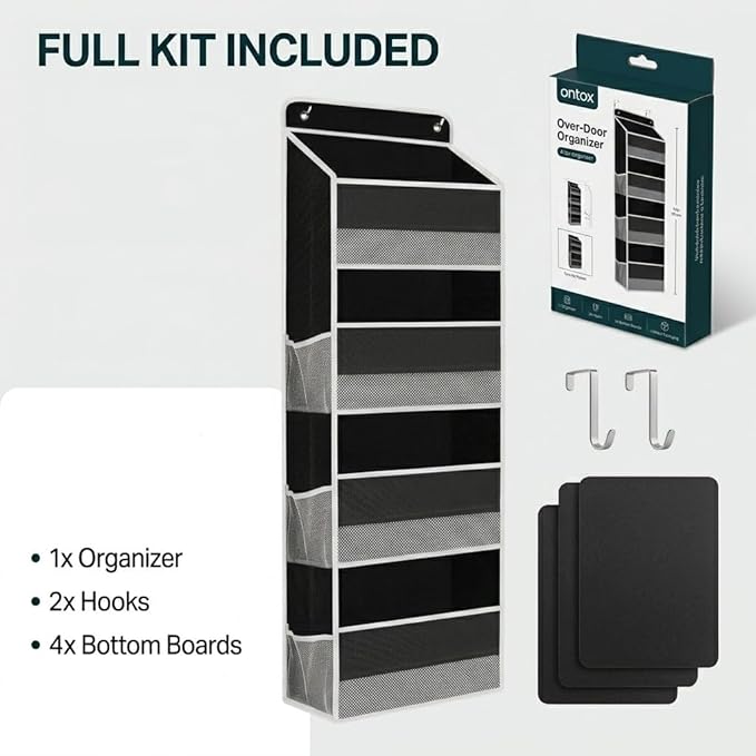 SUREMAX 42.5" Over The Door Organizer, 40 Lbs Heavy Duty Anti-Tilt Behind Door Storage with 4 Large Pockets and 6 Side Mesh Pockets, Hanging Closet Organizer for Bathroom, cabinet, Nursery and Pantry