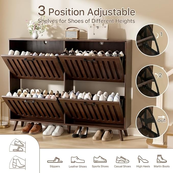 Shoe Storage Cabinet with 4 Flip Drawers, Modern Freestanding Organizer with Adjustable Shelf, Narrow Shoe Rack Cabinet for Entryway, Walnut