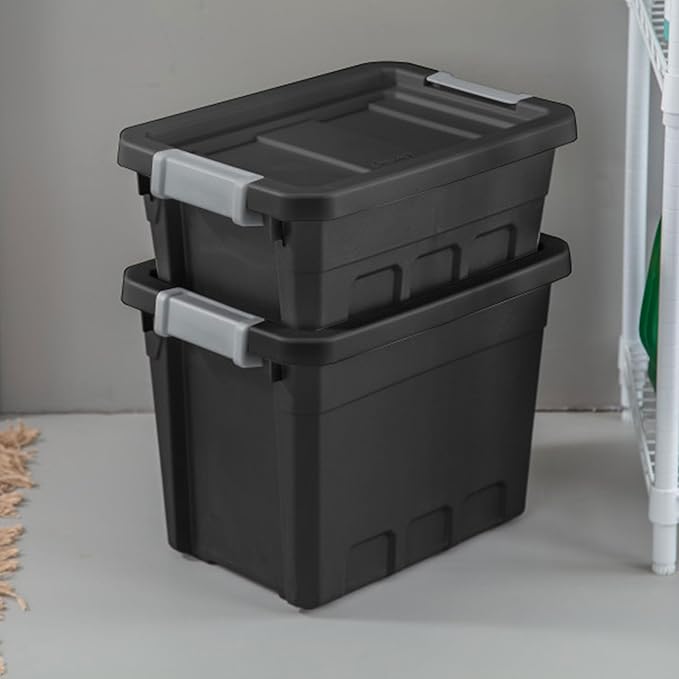 Sterilite 6-Pack Stacker Tote, Stackable Plastic Storage Bins with Lids, 4 Gallon, Black - Small Organizer Bin Containers for Bed, Garage, Office, Kitchen, and Classroom Organization