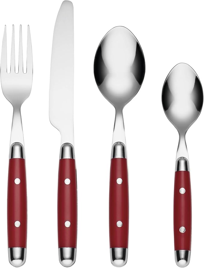 Cambridge Silverware Sets, Jubilee Red 16-Piece Flatware Set, Red Thick Handles, Service For 4, 18/0 Stainless Steel, Dishwasher Safe, Knives Spoons Forks, Kitchen Utensils Set (Red/Silver, 16 Piece)