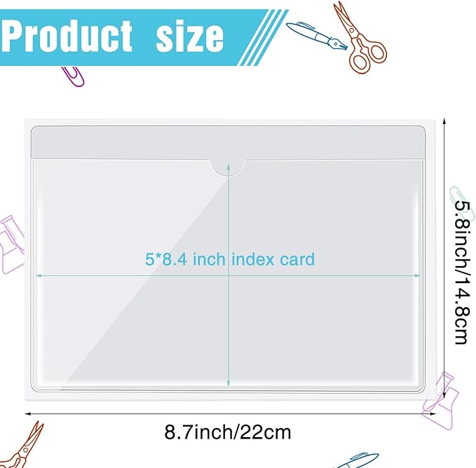 Outus 200 Pack 5 x 8.4 Inch Self Adhesive Label Pockets Bulk Plastic Labels Holders for Storage Bins Clear Classroom Nameplate Sleeves Index Card Tote Photos Waterproof Protect Office