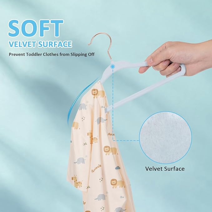 Tonswachic 30-Pack 11 Inch Baby Closet Hangers with 10 Clips - Soft Velvet Non-Slip Hangers for Infant & Toddler Clothes - Blue