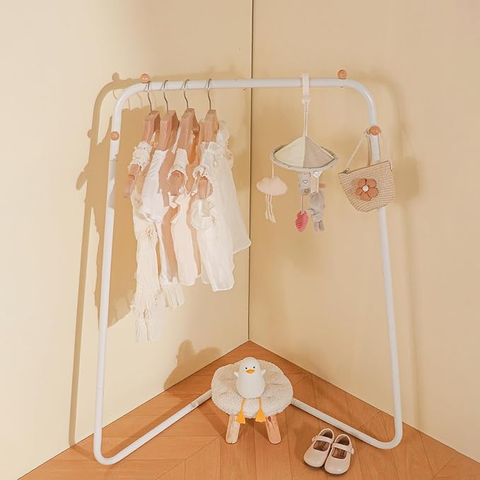 YGJT Kids Clothing Corner Rack, Dress Up Storage for Little Girls with Bottom Storage Shelf, Cute Toddler Wardrobe Cloest Garment for Hanging Coat, Dance Costume, Dresses, Clothes in Bedroom, White