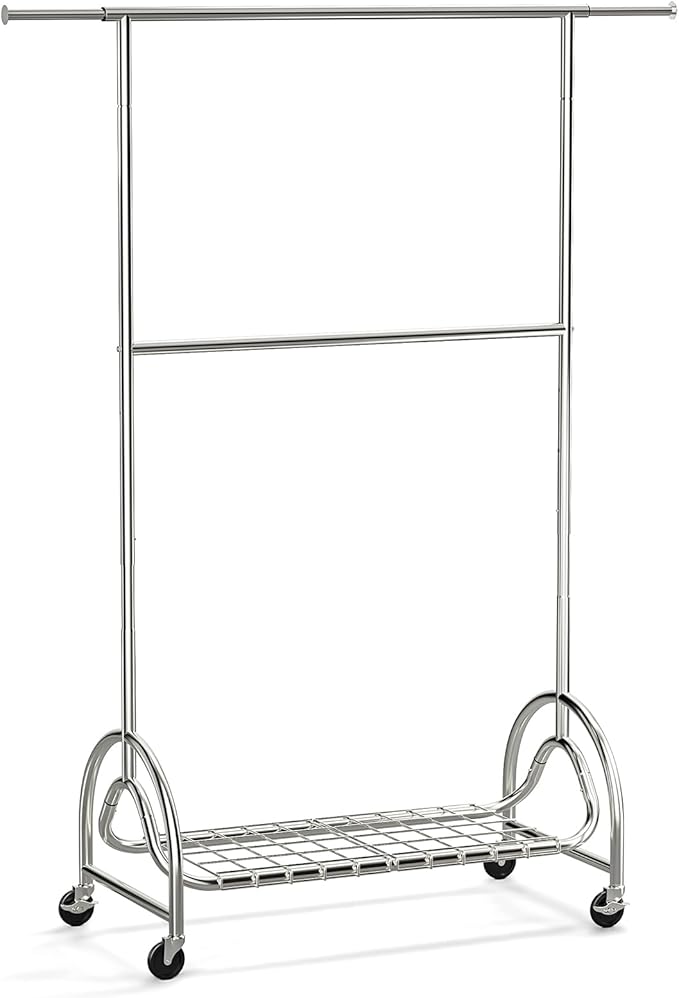TigerParty Heavy Duty Clothes Rack for Hanging Clothes, Adjustable 2-Tier Rods Garment Rack with 750LBS Load Capacity, Freestanding Clothing Rack with Wheels & Bottom Storage Shelf
