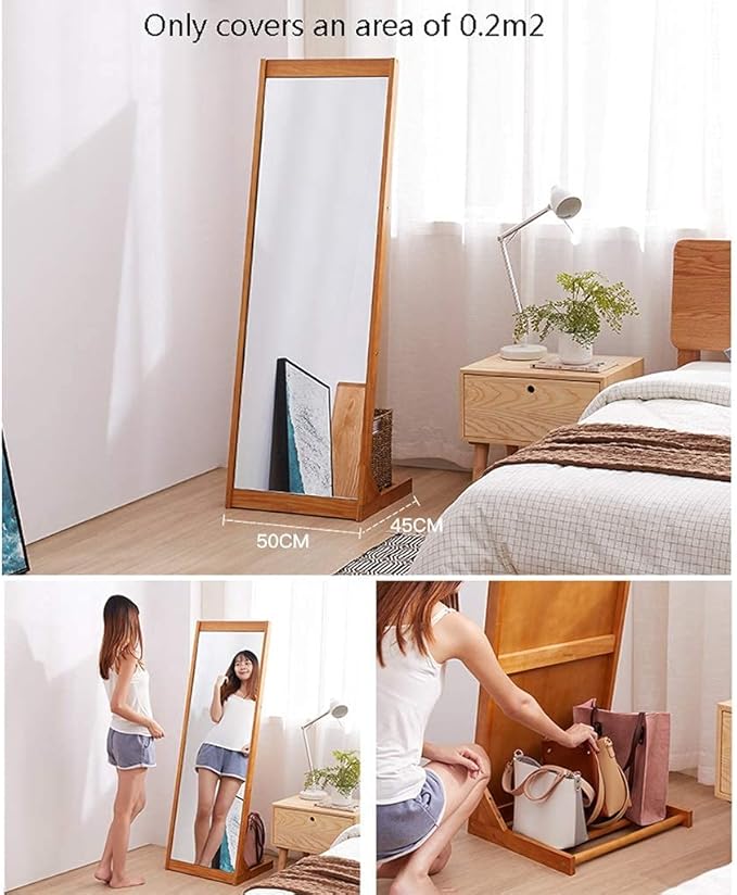 Full Length Mirrors Full Length Vintage Wooden Rectangle Free Standing with Storage for Bedroom Hall Floor Mirror (Color : Brown) (Wood Color)