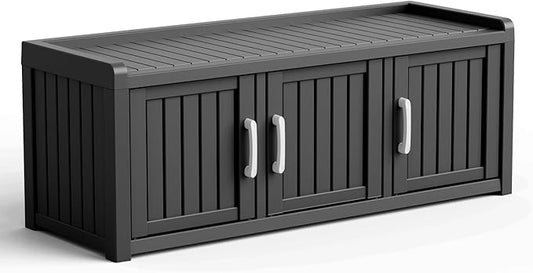 3 Doors Shoe Bench, Waterproof & UV-Resistant, Resin Shoe Cabinet Indoor & Outdoor Use, Entryway Bench with Adjustable Shelves & Hidden Storage Space for Bedroom, Hallway, Black