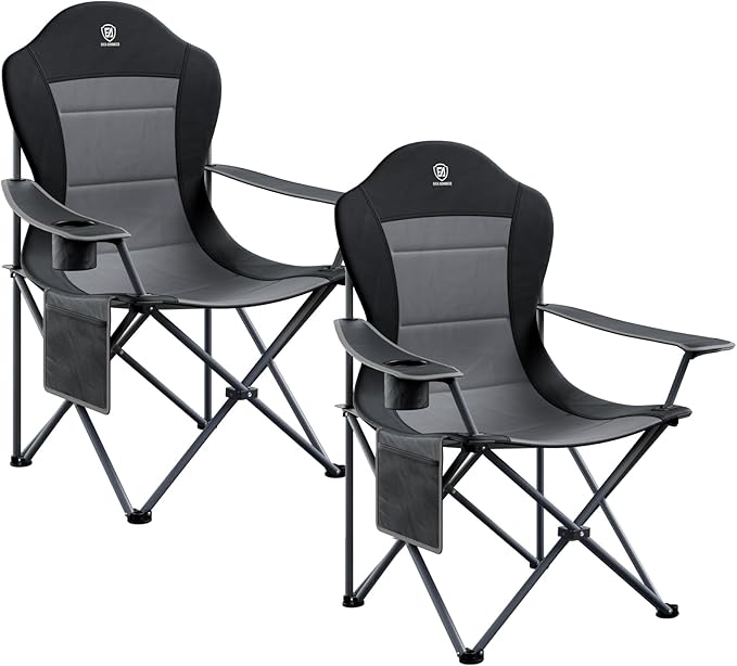 EVER ADVANCED Folding Camping Chair with High Back Padded 2 Pack Oversized Portable Lawn Chairs Lightweight Sturdy Steel Foldable Outdoor Camp Chair for Adults, Black