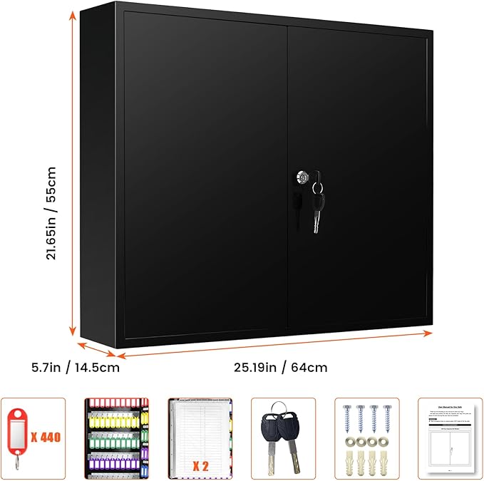 440 Keys Dual-Door Key Lock Box Wall Mount with 20 Adjustable Hook Plates, Numbered Hooks and Tags, Steel Key Cabinet with Index Log, Key Storage Box Key Organizer for Garage Home Office, Black