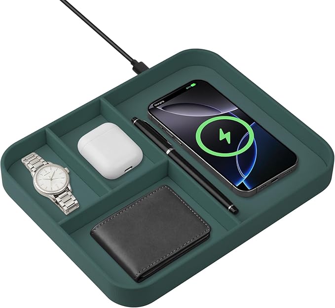 VOVIPO Faux Leather Valet Tray,with 2 in 1 Wireless Charging Compitable With iPhone/17/16/15/15 Plus/15 Pro/15 Pro Max/14/13/12/Wireless earphones,Office/Home Desk Organizers Tray-Mint