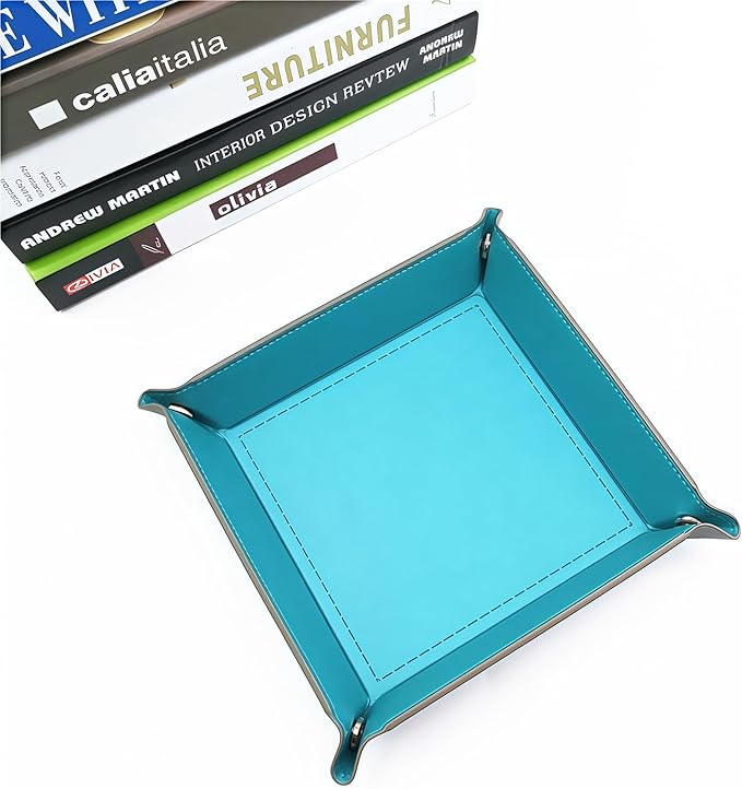 Valet Tray Desktop Storage Organizer – Vegan Leather Catchall Tray Bedside Vanity Tray Nightstand Caddy Holder for Remote Controller, Watch, Keys, Phone, Wallet, Coin, Jewelry, Sky Blue