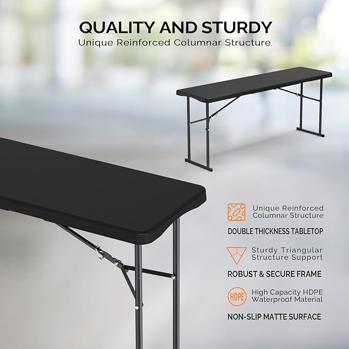 VINGLI 6 FT Narrow Folding Table, Tabletop Folded in Half, Premium Quality HDPE Material and Sturdy Metal Frame, Perfect for Buffet, Seminar, Party, Training, Home Work, Black