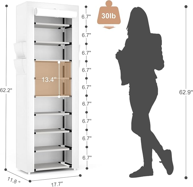 VILICK Shoe Rack with Cover Narrow Shoe Rack Organizer with 4 Side Pockets 10 Tier Tall Shoe Storage Shoe Shelf Holds 18-22 Pairs Shoes and Boots Shoe Rack for Closet, Printing