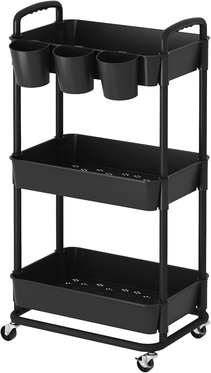 3-Tier Baby Diaper Caddy Organizer Cart with Locking Wheels & Hanging Cups - Rolling Storage Cart for Nursery, Changing Table, Baby Essentials, Black