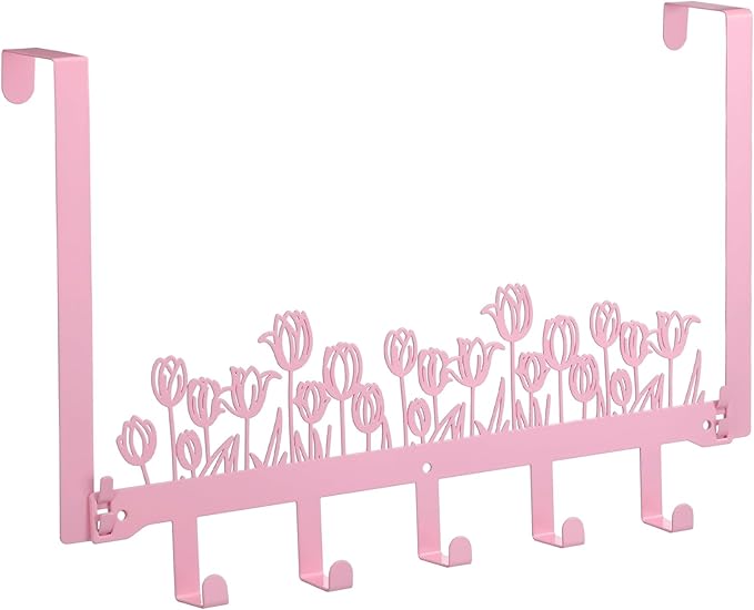 AceOrbit Pink Tulip Over The Door Hooks Wall Mount Towel Hanger Cute Door Holder Rack with 5 Hooks Hanging Towel, Coat Keys, Bags, Hats, Clothes for Bedroom Bathroom Kitchen Dorm Room Organizer