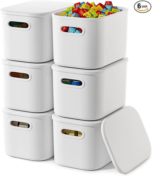 6 Pack White Storage Bins with Lids Stackable Storage Container for Organizing, Small Storage Boxes with Handle for Shelves, Cute Organizer Bins for Craft, Snacks, 9.85x6.9x5.7 inch