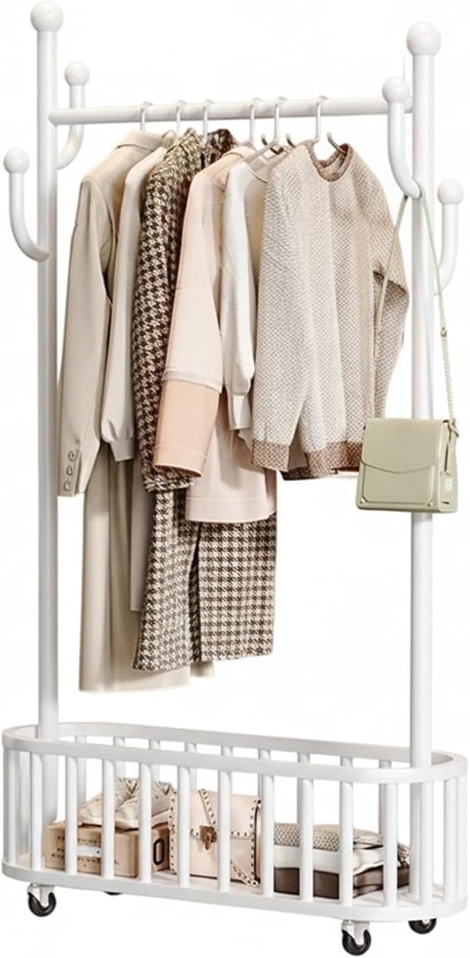 Takywep Rolling Clothing Rack with Wheels and Basket Storage – Metal Moveable Garment Rack, Heavy-Duty Coat Rack for Hanging Clothes, Bedroom, Boutique, Laundry Room