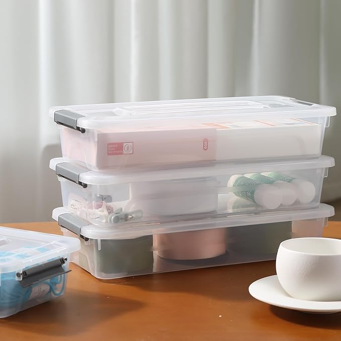 novelinks Clear Plastic Storage Bins with lids, Stackable Storage Containers, Durable Craft Storage Boxes, Organization Containers for Home Office (4 Quart 8 Pack)