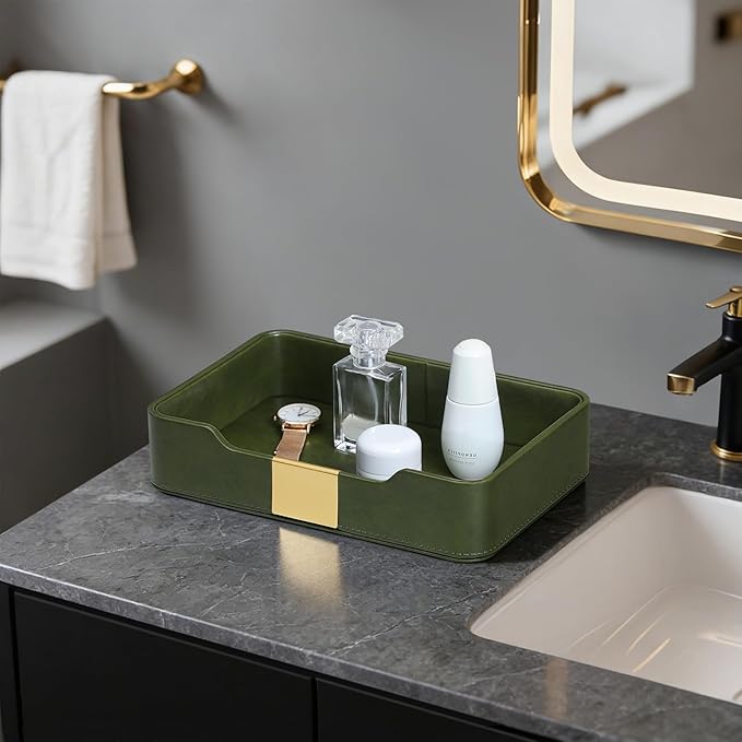 10.2" x 6.7" Nightstand Organizer Tray with Gold Accent, Decorative Valet Trays Cologne Organizer for Men, Key Bowl Perfume Trinket Tray for Dresser Bedside Entryway Table (Olive Green)