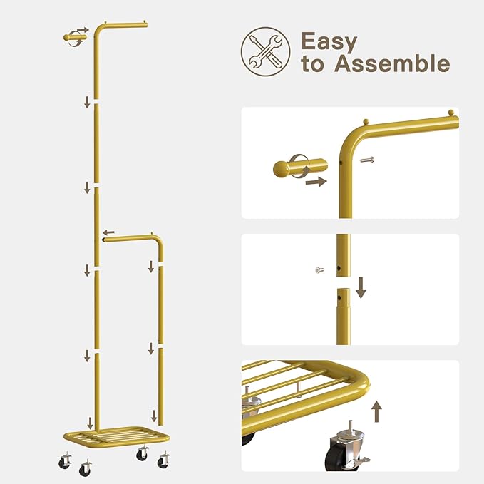 Small Clothes Rack with Wheels, 71" Portable Rolling Clothing Rack with Bottom Metal Shelf, Garment Rack with Hanging Rod, Sturdy Freestanding Coat Rack for Bedroom, Entryway, Gold