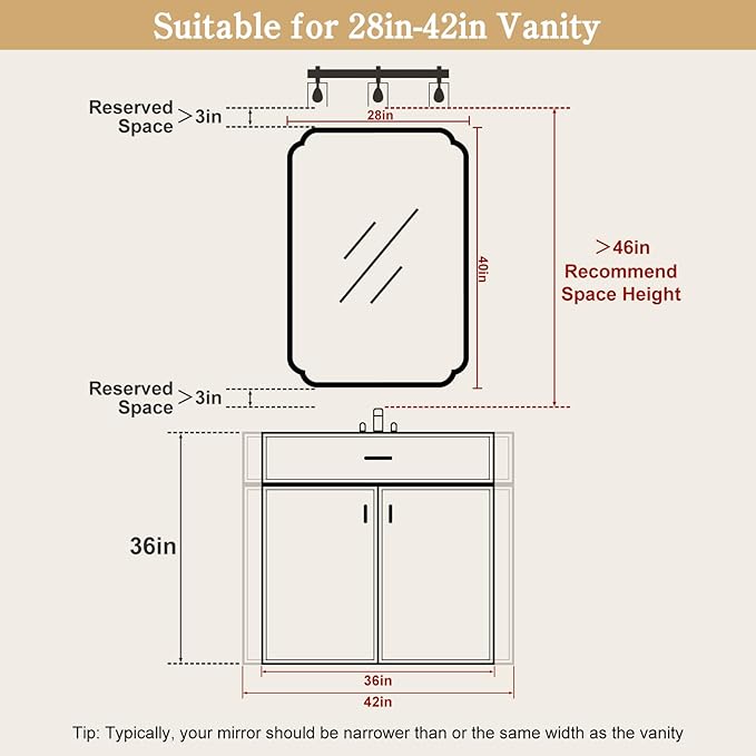 WallBeyond 28" x 40" Wood Bathroom Mirror for Wall Mounted, Rustic Rounded Corner Vanity Mirror for Entryway, Living Room or Bedroom Home Decorative [28" x 40" Walnut Color]