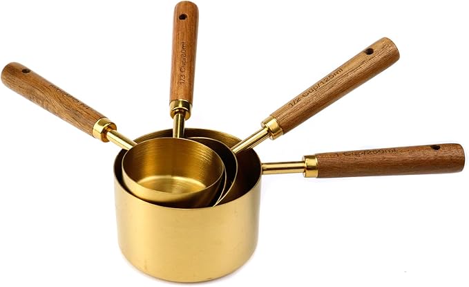 4 Piece Stainless Steel Measuring Cups with Wooden Handle, Measuring Cup Sets for Measuring Dry and Liquid Ingredients (4 Sizes - Gold)