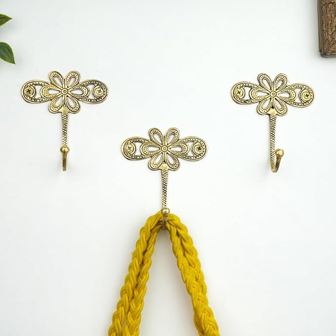 Indian Shelf 33 Lb. 3 Pieces Key Holder Flower Vintage Brass Decorative Wall Hooks for Hanging Unique Coat Rack Wall Mount Antique Towel Hangers Gold