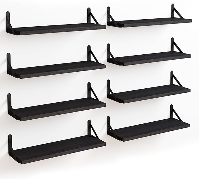 Fixwal Floating Shelves, Width 4.75in Rustic Wood Wall Shelves Set of 8, Wall Storage Shelves for Bedroom, Living Room, Kitchen, Bathroom, Office and Plants (Black)