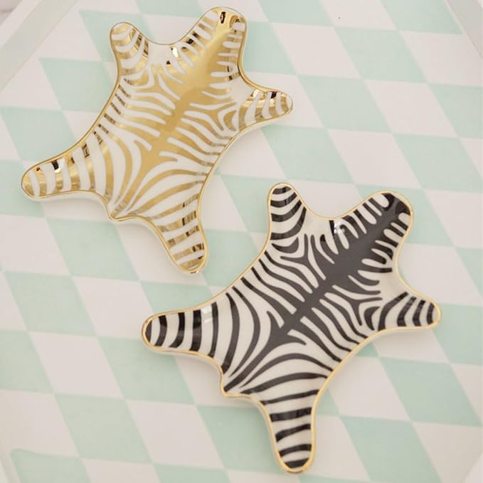Zebra Stripe Jewelry Tray Ceramic Dishes Plate Gilded 5.9", Gold (Black)