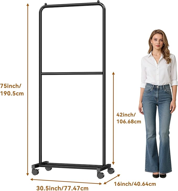 Standard Clothes Garment Rack, Portable Double Clothing Rack with Wheels and Bottom Shelf, Rolling Wardrobe Rack for Bedroom, Laundry Room, Black