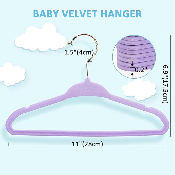Tonswachic 50 Premium Baby Velvet Hangers - 11" Non-Slip, Ultra-Slim Space-Saving Kid Hangers - 360° Swivel Hook, Strong & Durable Infant & Toddler Clothes Hanger for Closet - Purple