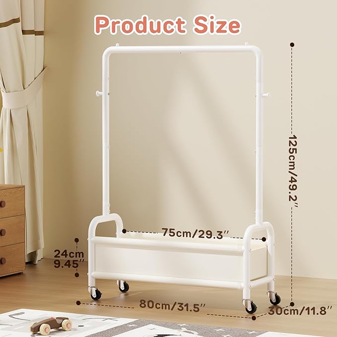 Kids Clothing Rack with Storage Shelf & Wheels, Kids Dress Up Rack Storage for Coats, Small Baby Garment Rack for Hanging Clothes, Toddler Wardrobe Closet Organizer for Kids (Classic, White)