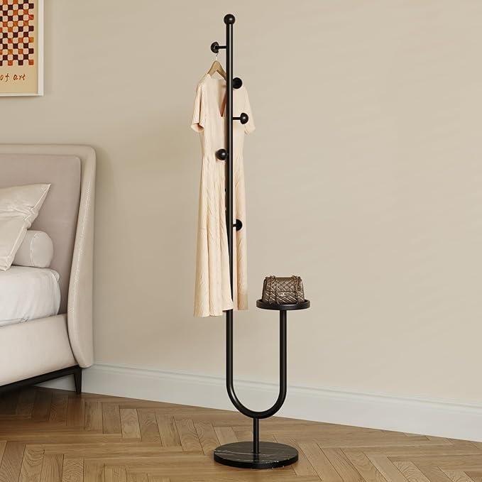 Coat Rack,Metal Free Standing Coat Stand with marble base, Hall Coat Tree with 6 Hooks and Storage Tray,68.9 Inch Tall, for Coats, Hats, Bags, for Entryway, Hallway, Bedroom