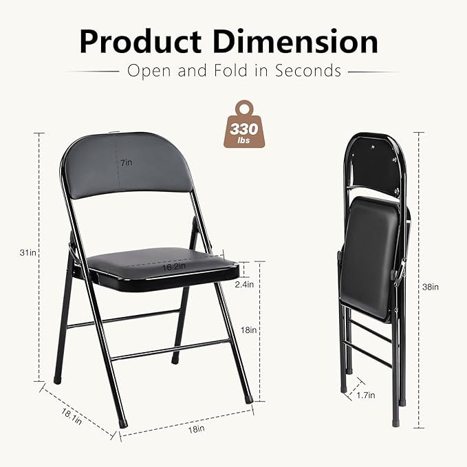 DUMOS 12 Pack Leather Padded Folding Chair, Indoor Outdoor Portable Stackable Commercial Seat with Steel Frame, Capacity for Home, Office, Party, Comfy, Black