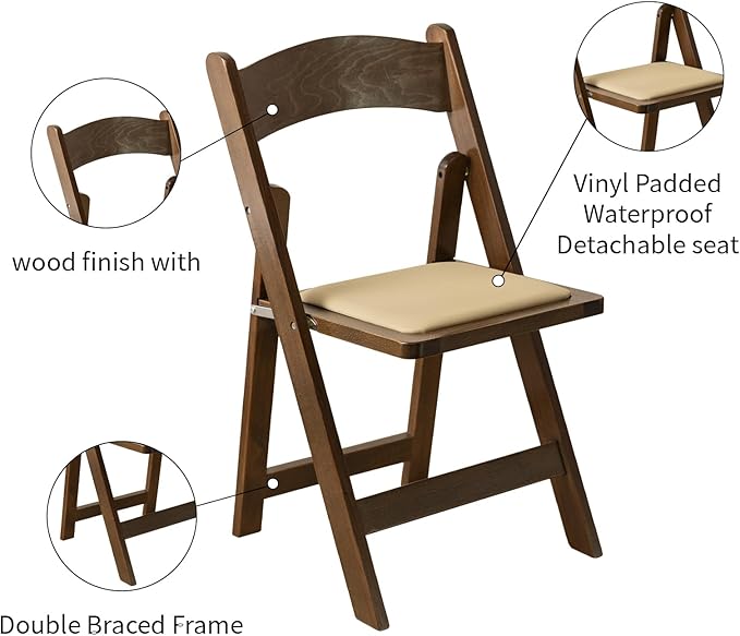 Wooden Folding Chair with Soft Cushion, Simple and Stylish, Comfortable and Durable, Suitable for Weddings, banquets and Events, no Assembly Required, Classic-Fruitwood, Set of 4