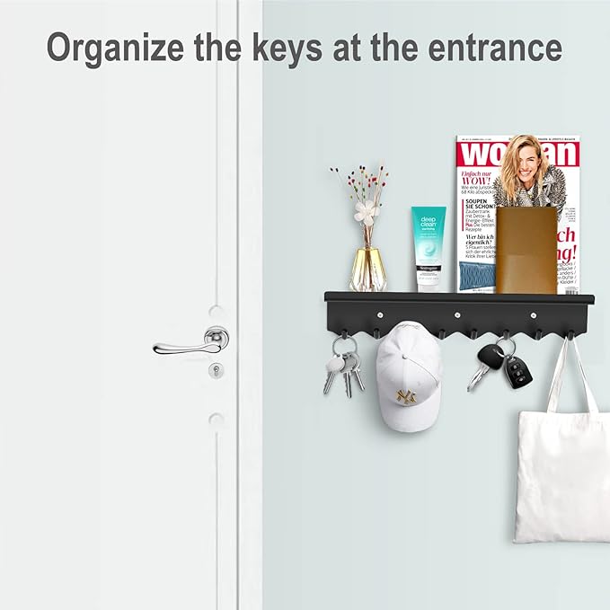 Volnamal Key Holder Wall Mount, Magnetic Key Hooks and Mail Organizer Tray with 8 Hooks, Adhesive Key Rack Hanger for Entryway, Refrigerator, Black